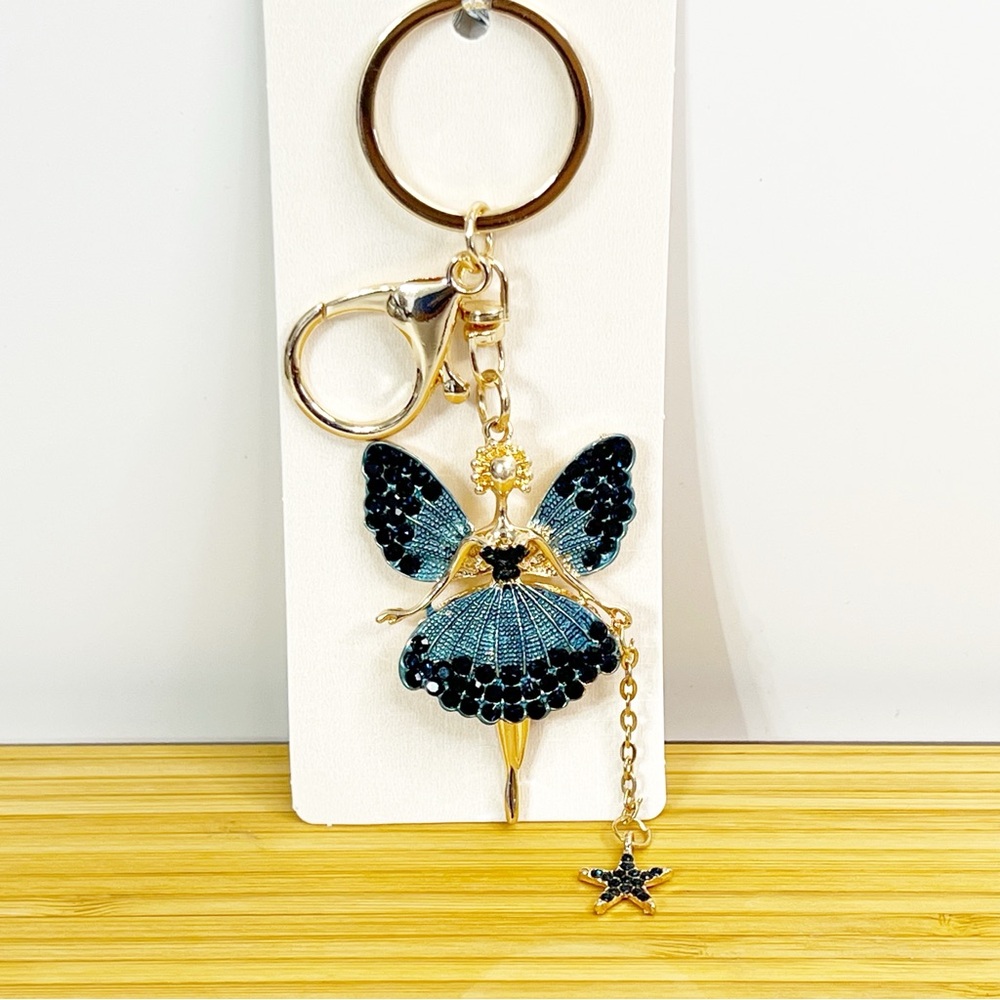 Sparkling Blue Fairy Keychain – Elegant Gold-Tone Charm